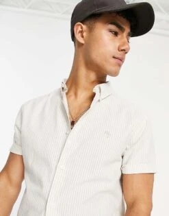 River Island Oxford Stripe Shirt In Stone For Men Stone - Light -Layered Clothes 202890146 3