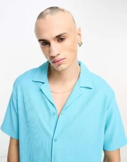 River Island Short Sleeve Plisse Shirt In Blue For Men Aqua -Layered Clothes 204833104 1 aqua 1