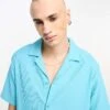 River Island Short Sleeve Plisse Shirt In Blue For Men Aqua -Layered Clothes 204833104 1 aqua