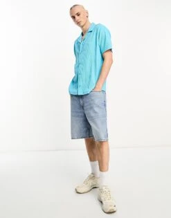 River Island Short Sleeve Plisse Shirt In Blue For Men Aqua -Layered Clothes 204833104 3