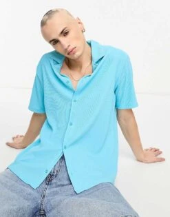 River Island Short Sleeve Plisse Shirt In Blue For Men Aqua -Layered Clothes 204833104 4