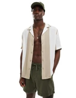 River Island Stripe Revere Collar Shirt In Beige For Men