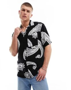 River Island Short Sleeve Shirt In Black Paisley For Men -Layered Clothes 205727256 1 black 1