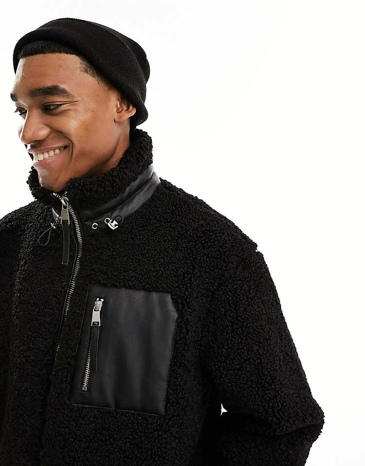 River Island Borg Funnel Neck Jacket In Black For Men 4 River Island Borg Funnel Neck Jacket In Black For Men - Image 2