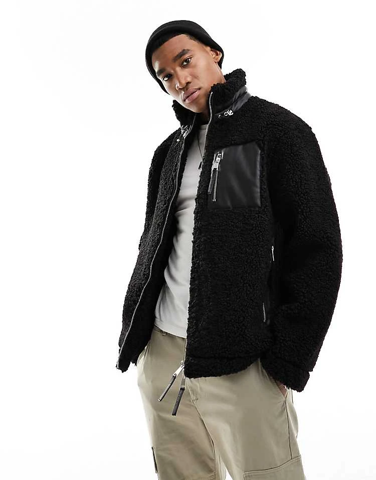 River Island Borg Funnel Neck Jacket In Black For Men 5 River Island Borg Funnel Neck Jacket In Black For Men - Image 3