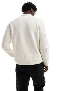 River Island Slim Cable Jumper In Ecru For Men -Layered Clothes 205754365 3