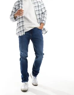 River Island Slim Fit Jeans In Washed Medium Blue For Men -Layered Clothes 206052773 3