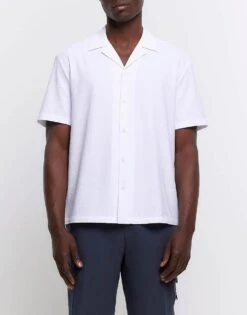 River Island Regular Fit Seersucker Revere Shirt In White For Men