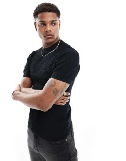 River Island Muscle Fit Pointelle T-shirt In Black For Men