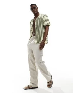 River Island Seersucker Striped Shirt In Khaki For Men -Layered Clothes 206296921 3