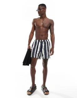 River Island Swim Trunks Co-ord In Navy Stripe For Men -Layered Clothes 206297120 3