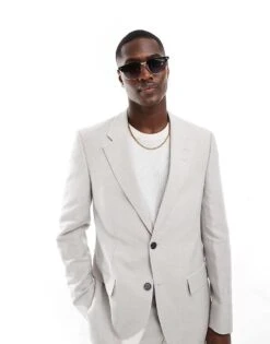 River Island Linen Suit Jacket In Stone For Men