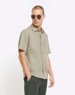 River Island Slim Fit Linen Blend Shirt In Green - Light For Men