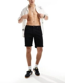 River Island Slim Fit Denim Shorts In Black For Men