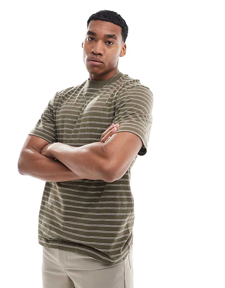 River Island Studio Striped T-shirt In Khaki For Men Green 4 River Island Studio Striped T-shirt In Khaki For Men Green - Image 2