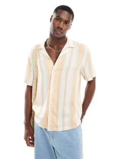 River Island Revere Collar Shirt In Peach Stripe For Men