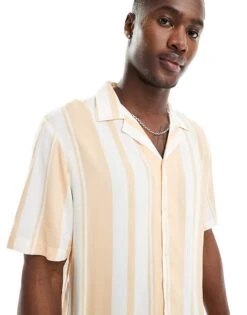 River Island Revere Collar Shirt In Peach Stripe For Men -Layered Clothes 206683134 4