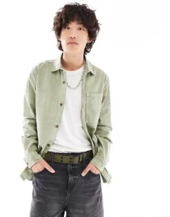 River Island Long Sleeve Overshirt In Khaki For Men