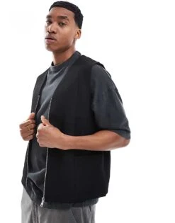 River Island Waffle Vest In Black For Men