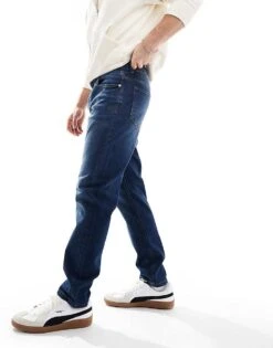 River Island Tapered Rally Jeans In Dark Blue For Men