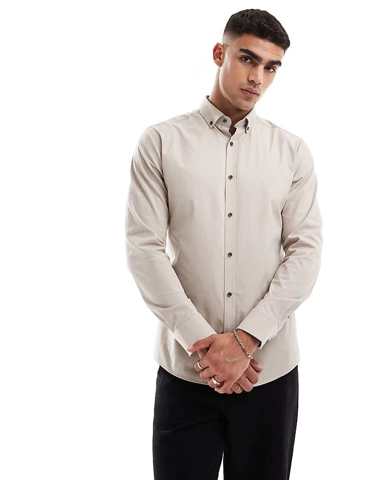 River Island Long Sleeved Textured Muscle Shirt In Light Stone For Men 4 River Island Long Sleeved Textured Muscle Shirt In Light Stone For Men - Image 2