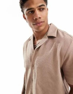 River Island Revere Collar Seersucker Shirt In Stone For Men Stone - Medium