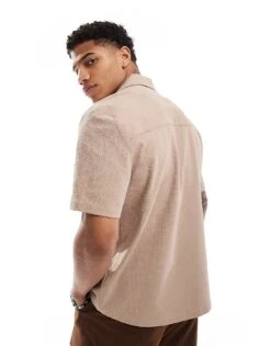 River Island Revere Collar Seersucker Shirt In Stone For Men Stone - Medium -Layered Clothes 206702366 4