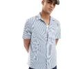River Island Short Sleeve Seersucker Shirt In Blue Stripe For Men -Layered Clothes 206702373 1 blue