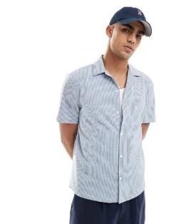 River Island Short Sleeve Seersucker Shirt In Blue Stripe For Men