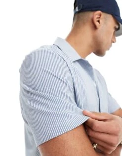 River Island Short Sleeve Seersucker Shirt In Blue Stripe For Men -Layered Clothes 206702373 4