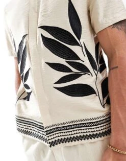 River Island Embroidery Leaf Shirt In Light Stone For Men -Layered Clothes 206714165 2