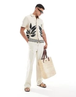 River Island Embroidery Leaf Shirt In Light Stone For Men -Layered Clothes 206714165 4