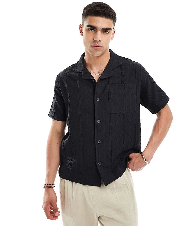 River Island Short Sleeve Shirt In Navy Crochet For Men 7 River Island Short Sleeve Shirt In Navy Crochet For Men - Image 5