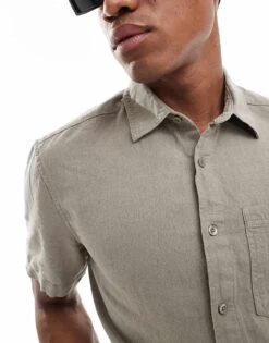 River Island Short Sleeve Linen Shirt In Sage For Men -Layered Clothes 206715535 3