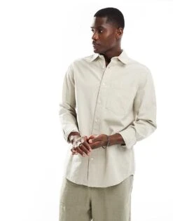River Island Long Sleeve Linen Shirt In Ecru For Men