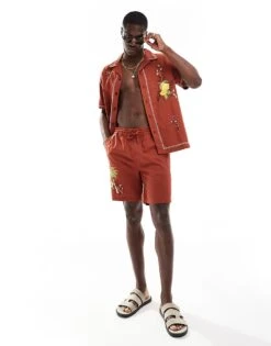 River Island Embroidered Shirt Co-ord In Rust For Men Orange-dark -Layered Clothes 206720953 1 orangedark 1