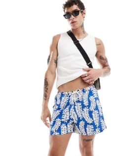 River Island Swim Trunks In Abstract Leaf Print For Men Blue