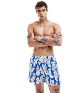 River Island Swim Trunks In Abstract Leaf Print For Men Blue -Layered Clothes 206720967 3