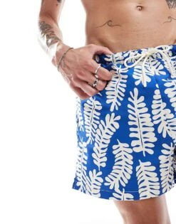 River Island Swim Trunks In Abstract Leaf Print For Men Blue -Layered Clothes 206720967 4