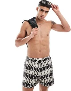 River Island Swim Trunks In Black Mono Print For Men -Layered Clothes 206720996 1 black 1