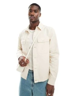 River Island Linen Blend Overshirt In Ecru For Men