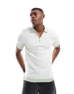 River Island Muscle Fit Zip Polo In White And Green For Men Green - Light