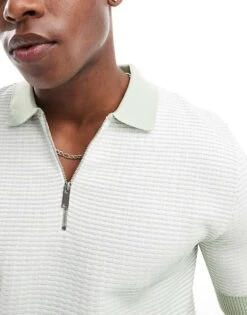 River Island Muscle Fit Zip Polo In White And Green For Men Green - Light -Layered Clothes 206746437 4