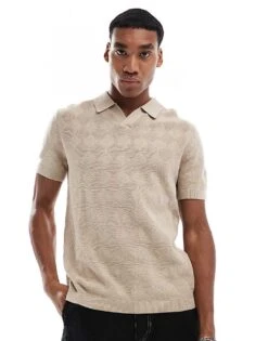 River Island Diamond Knit Polo In Stone For Men Stone - Medium -Layered Clothes 206746451 1 stonemedium 1