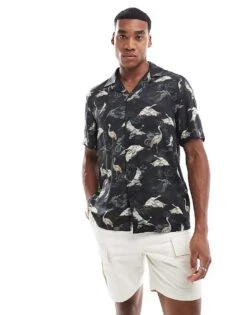 River Island Short Sleeve Shirt In Crane Print For Men Black