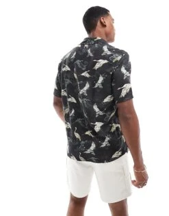 River Island Short Sleeve Shirt In Crane Print For Men Black -Layered Clothes 206746479 4