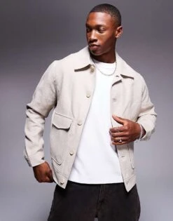 River Island Linen Overshirt In Beige For Men