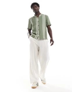 River Island Revere Collar Shirt In Green Stripe For Men