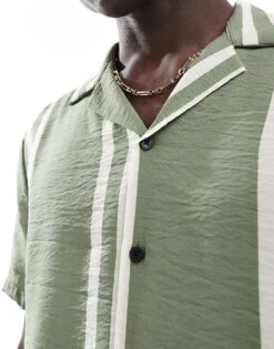 River Island Revere Collar Shirt In Green Stripe For Men -Layered Clothes 206746530 4