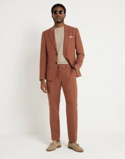 River Island Linen Slim Suit Trouser In Rust For Men